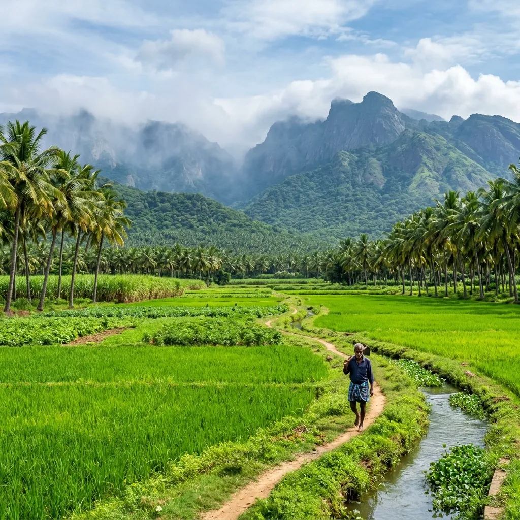 Lush green coconut groves and agricultural farming at the foothills of Western Ghats, Coimbatore