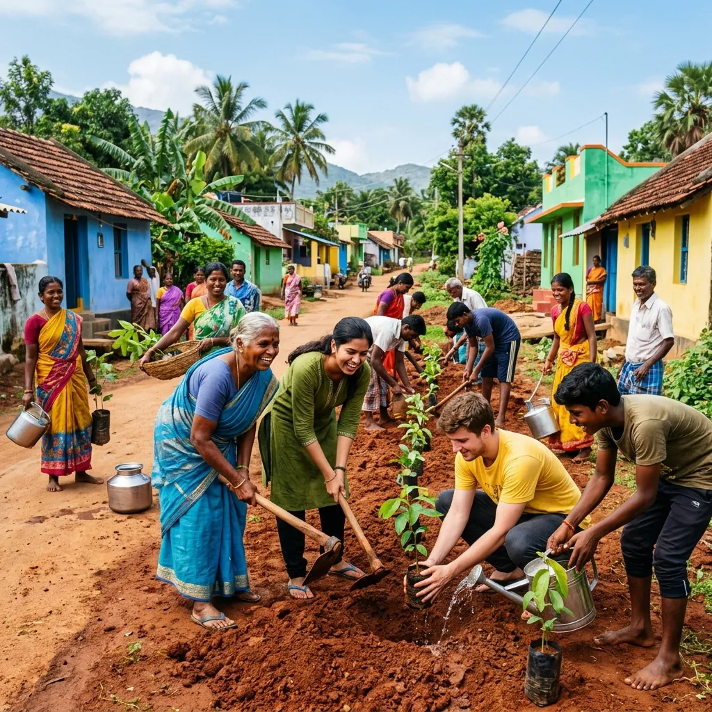Local community members and volunteers planting saplings together in Coimbatore