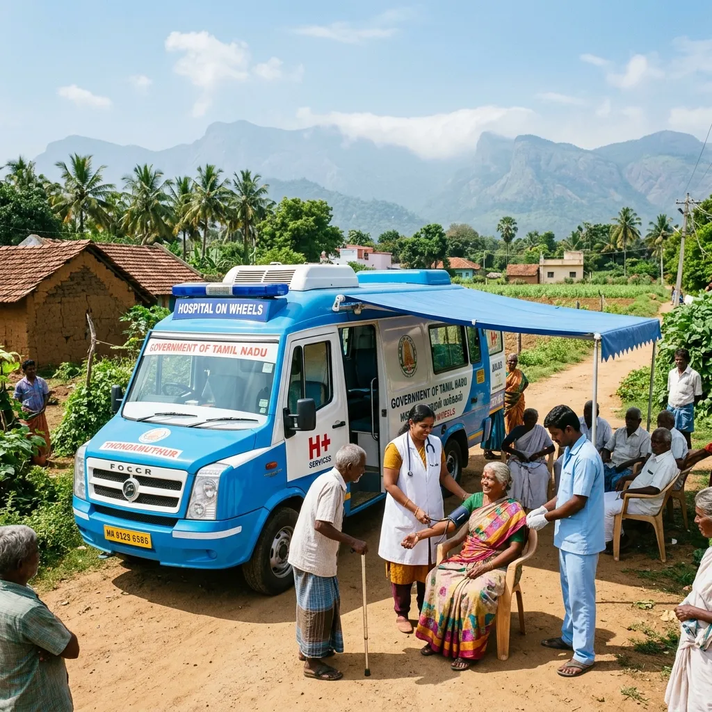 Mobile medical clinic serving rural villagers in Thondamuthur, Coimbatore